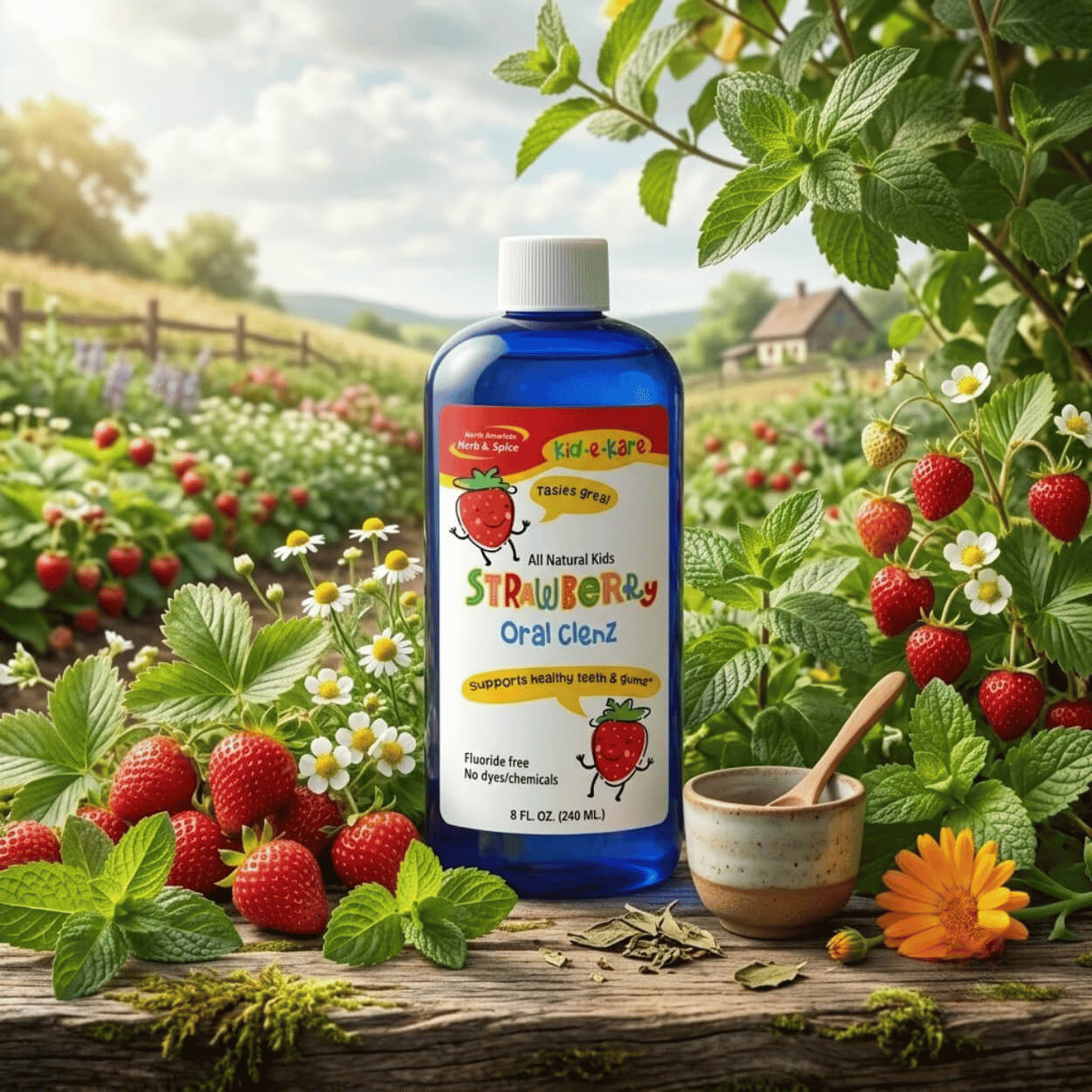 Produktová fľaštička detskej ústnej vody „Kid-e-Kare Oral Clenz“ s motívom jahôd, ktorá je umiestnená na drevenom podklade uprostred slnečného vidieckeho poľa plného čerstvých jahôd, mäty a bielych kvietkov harmančeka.